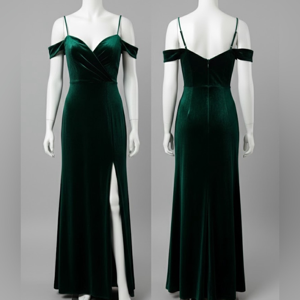 Christina Wu Hunter Green Velvet Off-Shoulder Dress, Size 6 (Fits like Size 4)